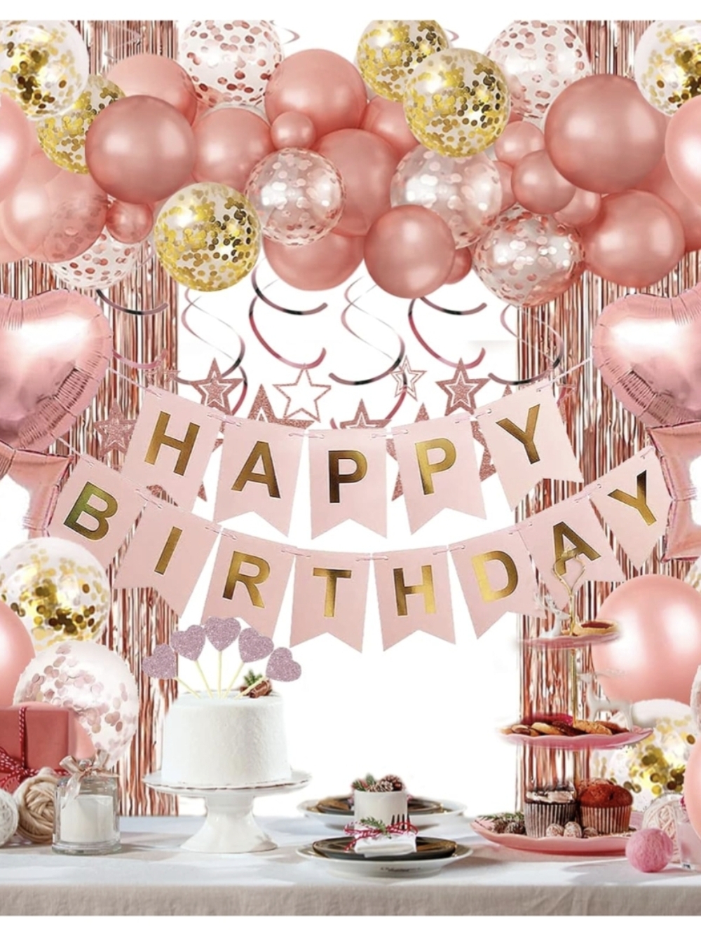 Rose Gold B-day Party Decor Balloons Banner Fringe Curtain Tablecloth Full Set